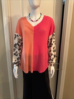 BiBi Split Pink and Orange Waffle Knit Top with Leopard Print Sleeves